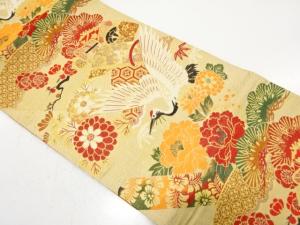 アンティーク　鶴に巻物・草花模様織り出し全通袋帯（着用可）